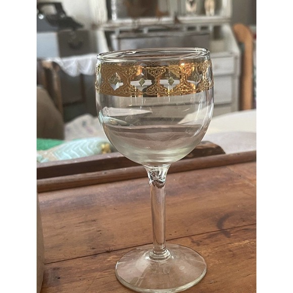 Vintage MCM Culver Valencia 22K Gold & Green Wine Glasses 5-3/4" Tall Set of 4 - Picture 2 of 2